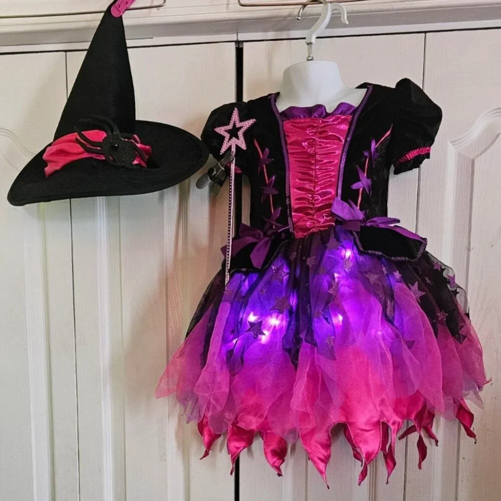 Sparkle Light-Up Witch Costume Girls 4-6 Hat Wand Pretty Pink Purple Sparkly